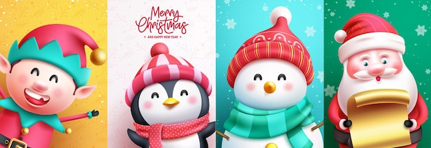 Personagens de natal vetor cartaz cenografia texto de saudação de feliz natal com personagens de natal