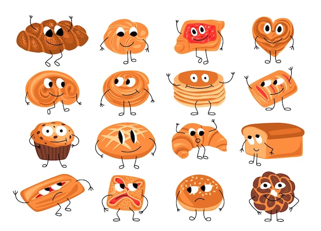 Vetor personagens de pão fofo personagens de padaria engraçados com rostos sorridentes mãos e pernas pão dos desenhos animados pão de sementes de papoila mascotes de pão de canela conjunto de vetores