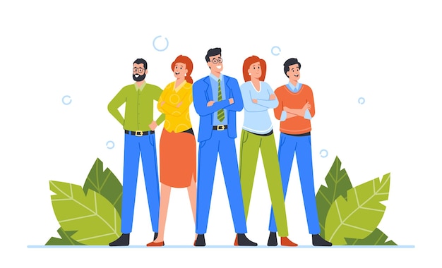 Personagens de pessoas de negócios ficam juntos com braços cruzados Empresários e empresárias Equipe de gerentes alegres