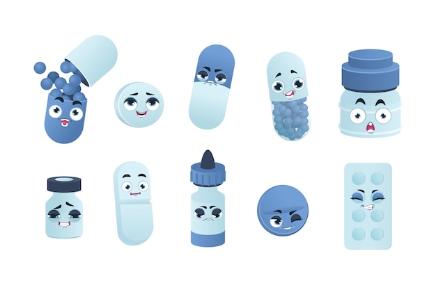 Personagens de pílulas drogas de medicina de desenhos animados e mascotes de vitaminas engraçadas heróis médicos isolados bonitos adesivos azuis emoticon para crianças cápsulas com expressões faciais felizes ou tristes conjunto de medicamentos vetoriais