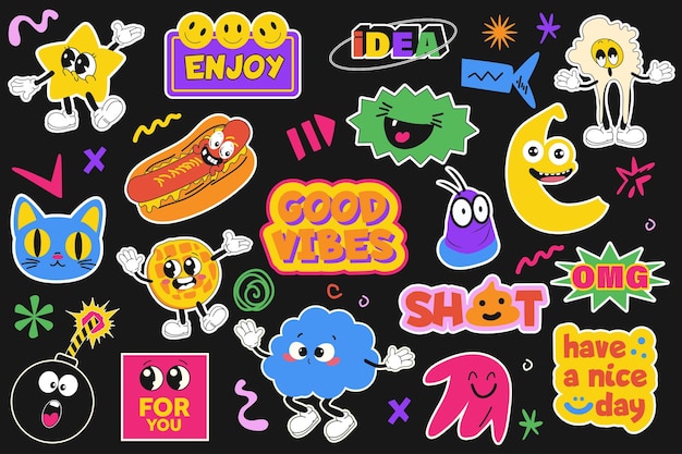 Personagens de quadrinhos adesivos definidos em design gráfico plano Coleção de elementos de positividade groovy mascotes e texto boas vibrações rótulos vintage com emoções felizes em estilo retro Ilustração vetorial