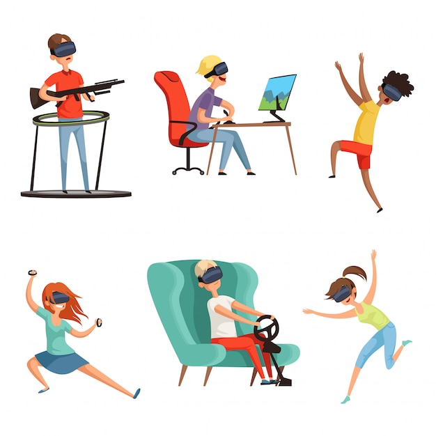 Personagens de realidade virtual, capacete VR Povos engraçados jogos fone de ouvido virtual óculos videogames, mascote no estilo cartoon