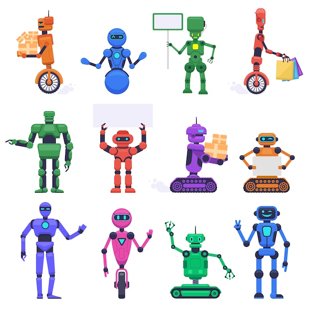 Vetor personagens de robô. personagens humanóides mecânicos robóticos, mascotes de assistente de chatbot, conjunto de ilustração de bot de android de tecnologia. humanóide robô, cyborg mecânico futurista