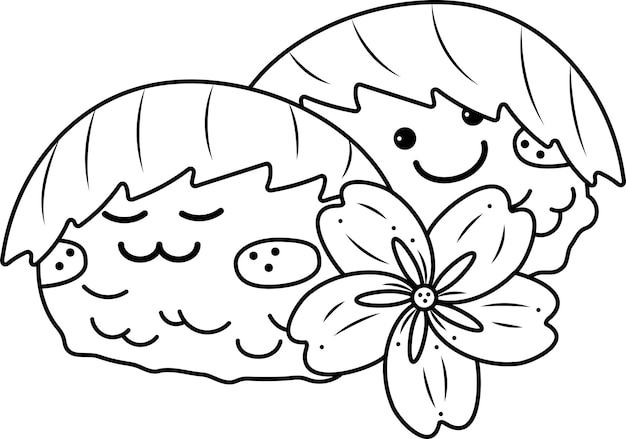 Personagens de sakura mochi2 dois personagens fofos de sakura mochi com flor de sakura doodle ilustração em vetor de desenho animado