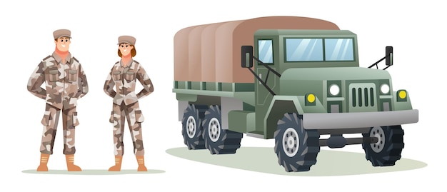 Personagens de soldados do exército masculino e feminino com caminhão militar