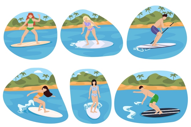 Vetor personagens de surfistas pessoas em pranchas dissecam mar e ondas oceânicas esportes de praia atletas radicais