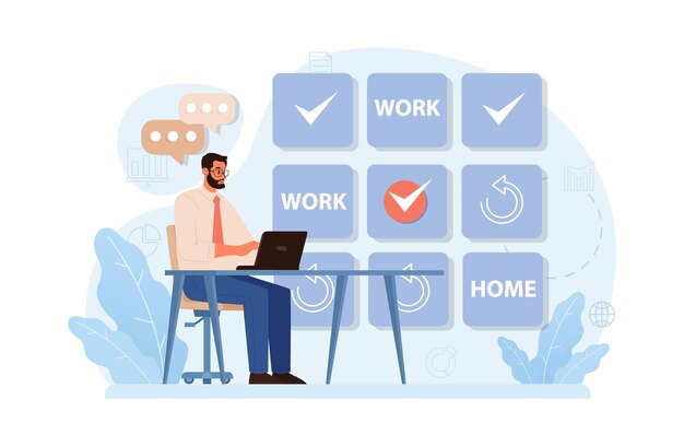 Personagens de trabalho híbrido com um horário flexível trabalhando no escritório e em casa Teletrabalho e terceirizar o trabalho dos funcionários globalmente Nômade digital ou ideia de freelancer Ilustração vetorial plana