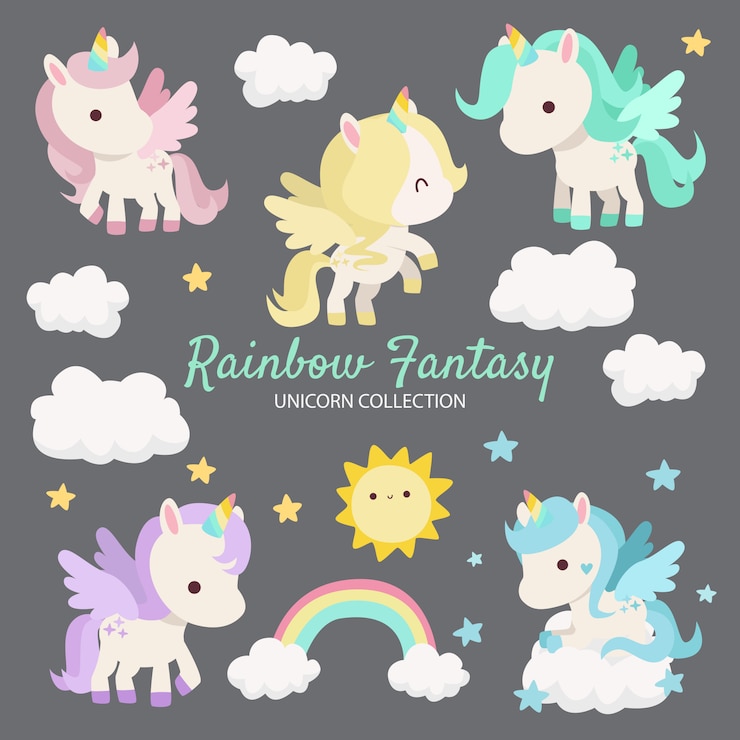 Vetor personagens de unicorn de fantasia de arco-íris