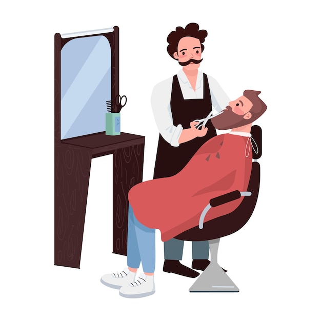 Personagens de vetor de cores semi planas de barbeiro e homem barbudo Posando figuras Pessoas de corpo inteiro em branco Serviço de barbearia ilustração simples de estilo de desenho animado para web design gráfico e animação