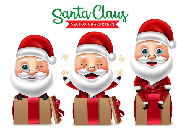 Personagens de vetor de natal do papai noel definir personagem 3d papai noel sentado em pose de caixa de presente