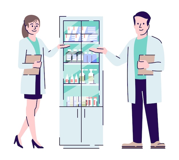 Personagens de vetor plana colegas farmacêuticos. vendedores de farmácia, farmacêuticos em pé perto da ilustração dos desenhos animados do armário de medicamentos. trabalhadores de drogarias. farmacologista, químico isolado no branco