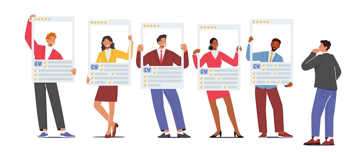 Vetor personagens desempregados segurando folha de papel de currículo com avatar e habilidades candidatos a emprego com problema de desemprego de trabalho cv