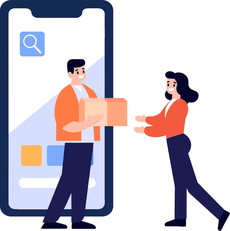 Vetor personagens desenhados à mão do trabalhador de entrega e do cliente no conceito de entrega on-line em estilo plano isolado no fundo