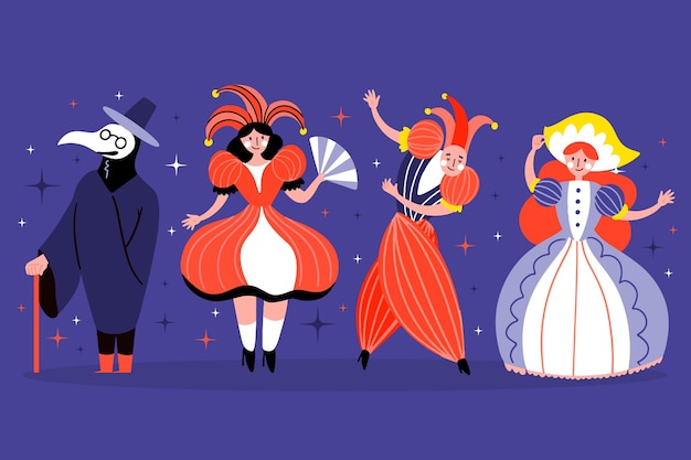 Personagens desenhados à mão usando fantasias de carnaval italiano