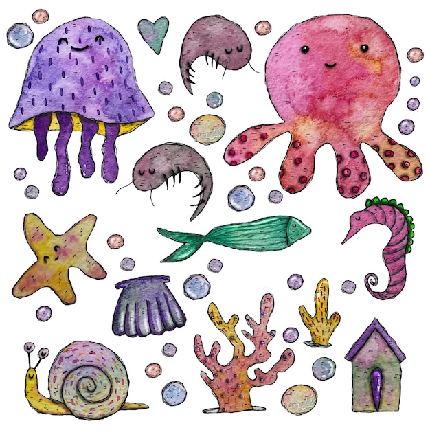 Personagens do mundo do mar peixes medusas corais