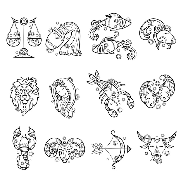 Personagens do zodíaco. horóscopo astrologia sinais tatuagens leão aries peixe câncer gráficos
