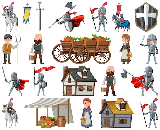 Vetor personagens e objetos de desenhos animados medievais
