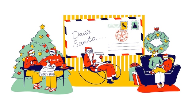 Personagens escrevendo cartas ao papai noel pedindo presentes para as festas de natal. pai noel lendo mensagens de crianças e adultos. época festiva, tradição, felicidade. ilustração em vetor de pessoas lineares