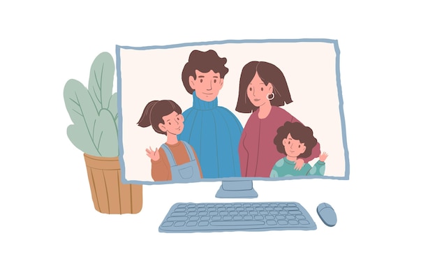 Personagens familiares felizes de desenhos animados vetoriais na tela do computador usando aplicativo on-line para videochamadas - relações familiares saudáveis, formas modernas de conceito de comunicação on-line, design de banner de site da web