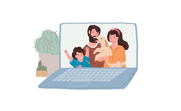 Personagens familiares felizes de desenhos animados vetoriais na tela do computador usando aplicativo on-line para videochamadas - relações familiares saudáveis, formas modernas de conceito de comunicação on-line, design de banner de site da web