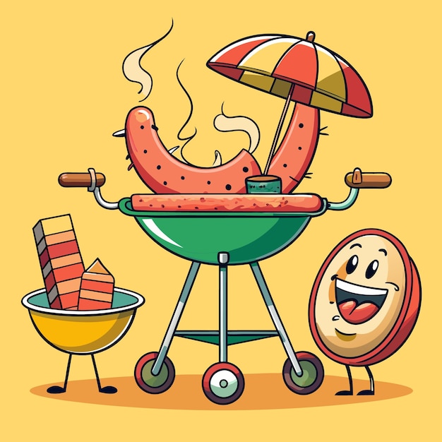 Personagens felizes a divertir-se a grelhar e a comer.