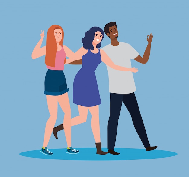 Personagens felizes, mulheres e homens, jovens do grupo, emoção de amizade, alegre rindo de felicidade
