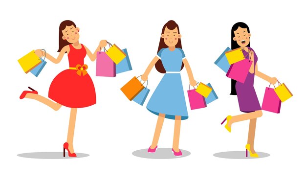 Vetor personagens femininas carregando sacos de compras brilhantes conjunto de ilustrações vetoriais