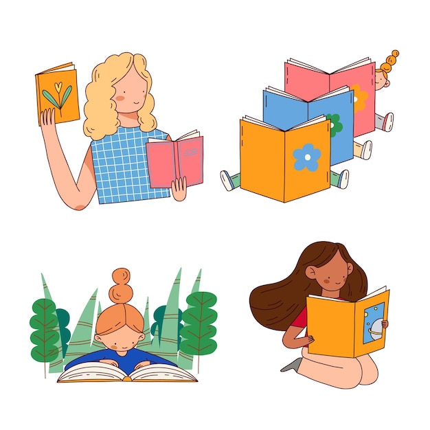 Vetor personagens femininas com livros - lendo e aprendendo. conjunto de ilustrações planas desenhadas à mão vetorial