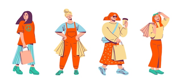 Vetor personagens femininas com sacolas de compras estilo de vida urbano e conceito de compras ilustração vetorial plana desenhada à mão