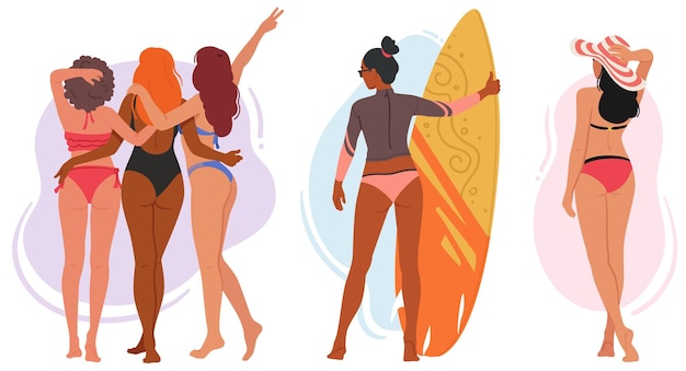 Vetor personagens femininas em trajes de banho em pé na praia vista por trás da imagem captura a beleza do corpo feminino