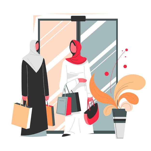 Personagens femininas usando hijabs andando com sacolas de compras no shopping ou no centro. Mulheres muçulmanas no lazer comprando roupas ou produtos. Rico personagem do Islã em um hijab na loja. Vetor em estilo simples
