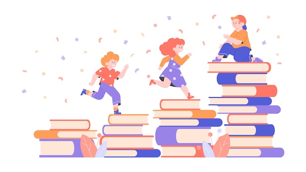 Personagens fofinhos crianças e pilhas de livros. amigos aprendem a ler juntos. meninos e uma menina em idade pré-escolar. ilustração plana.