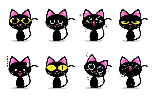 Personagens fofinhos de gato preto com emoções diferentes