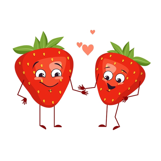 Personagens fofinhos de morango com emoções de amor, rosto, braços e pernas. os heróis engraçados ou felizes, frutas vermelhas e baga brincam, se apaixonam. ilustração em vetor plana