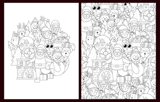 Vetor personagens fofinhos de natal para colorir definidos em formato de letra dos eua doodle fundo de inverno