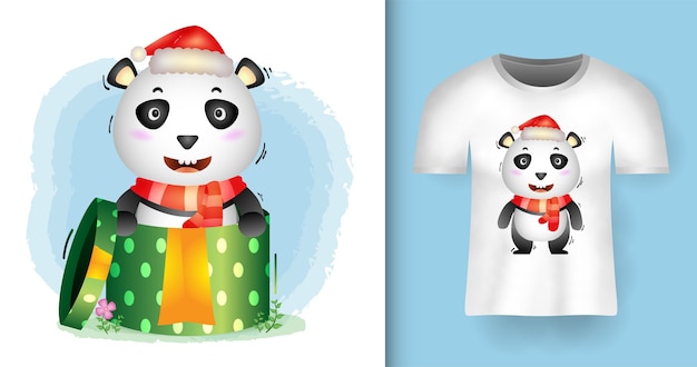 Personagens fofinhos de panda natal usando chapéu de papai noel e lenço na caixa de presente com design de camiseta