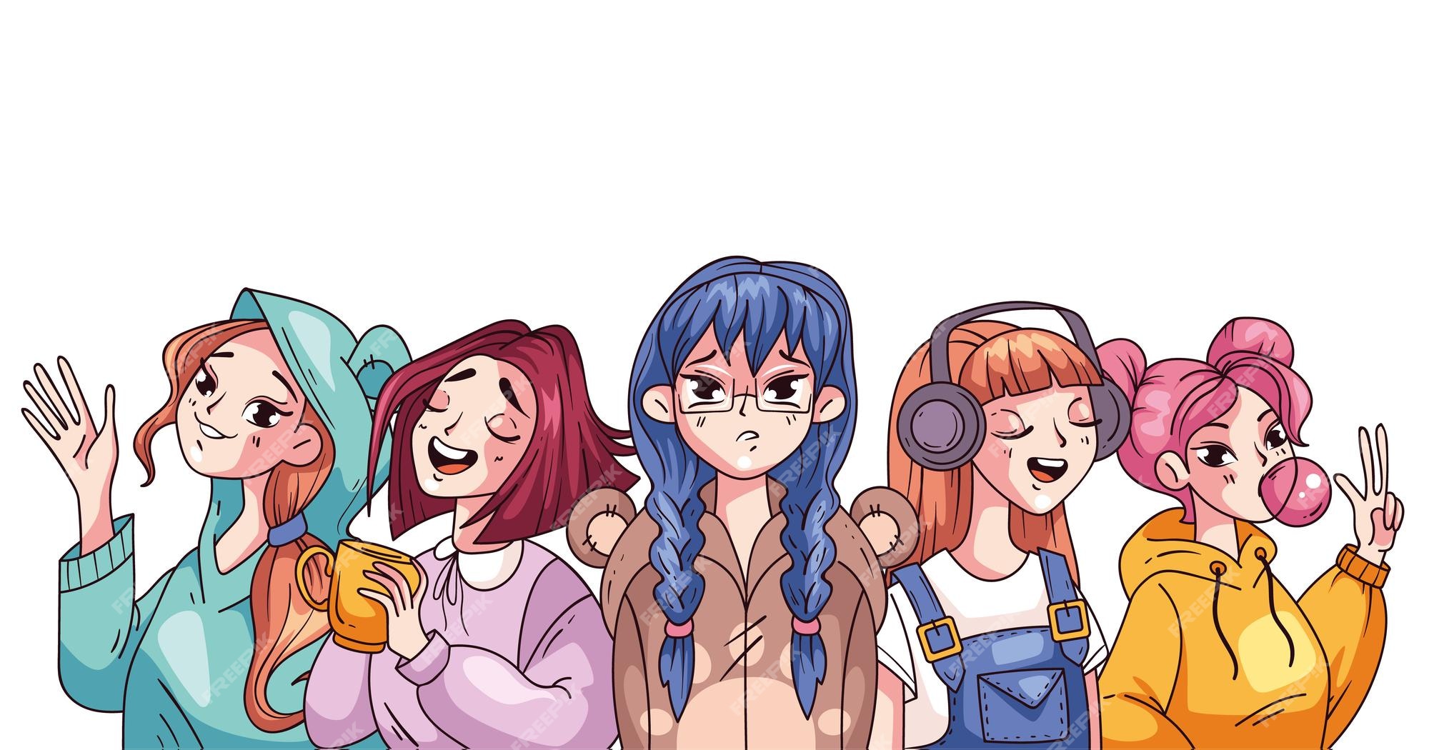 Grupo Do Perfil Das Jovens Mulheres Do Anime Ilustração do Vetor