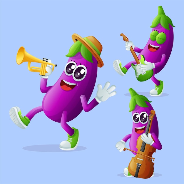 Personagens fofos de berinjela tocando instrumentos musicais