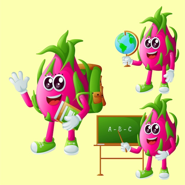 Vetor personagens fofos de fruta do dragão na educação