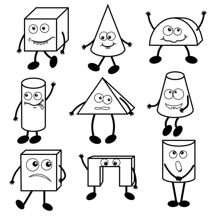 Vetor personagens formas geométricas tridimensionais coloridas de ilustração infantil estilo doodle de contorno preto kawaii