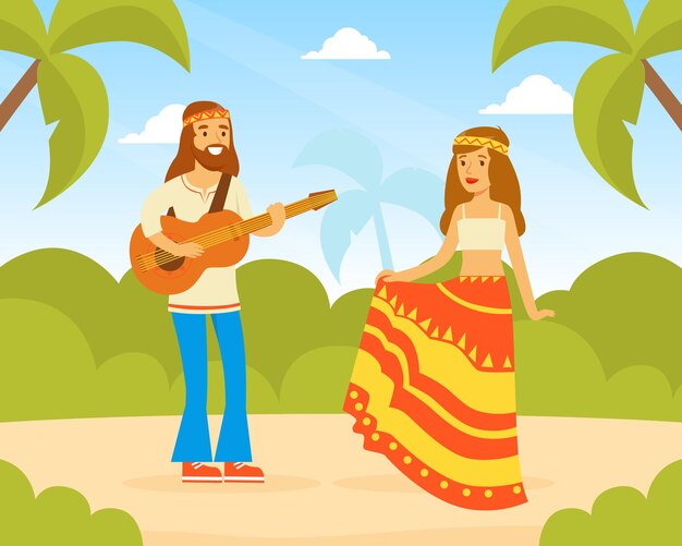 Personagens hippie Jovem homem e mulher tocando guitarra e dançando na paisagem de verão Pessoas felizes vestindo roupas retrô dos anos 60 e 70 Ilustração vetorial