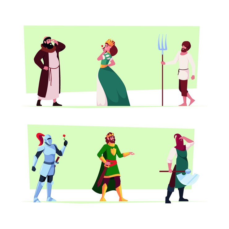 Vetor personagens históricos cavaleiros de fantasia medievais princesa rainha real reino de conto de fadas pessoas berrantes vetor trajes históricos autênticos