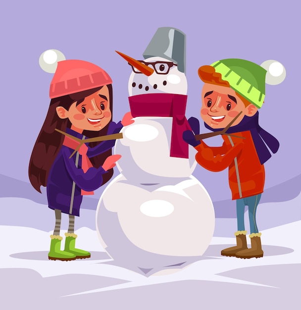 Personagens infantis fazem boneco de neve.