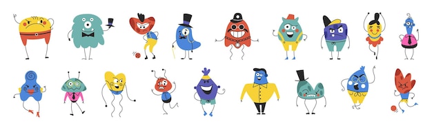 Personagens infantis mascotes bonitos monstros coloridos pequenos adesivos de emoção sorriso emoji criaturas para crianças desenho de estilo Doodle para crianças emoticon geométrico engraçado Vector desenho animado conjunto arrumado
