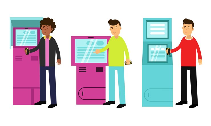 Vetor personagens jovens usando terminais eletrônicos de autoatendimento e um conjunto de ilustrações vetoriais de caixas eletrônicos