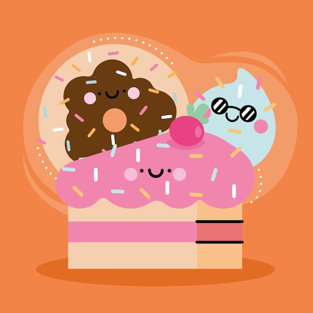 Vetor personagens kawaii de produtos de pastelaria doce