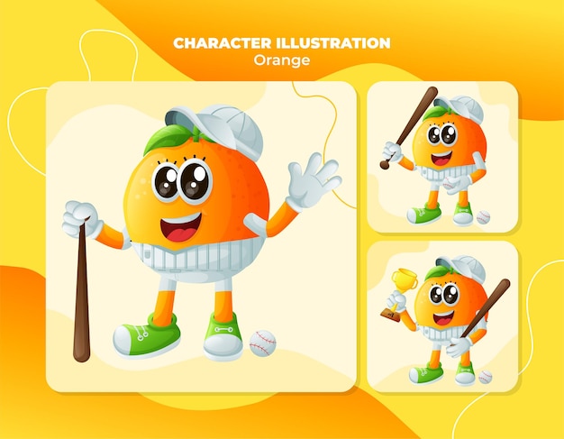 Vetor personagens laranjas bonitos a jogar basebol.
