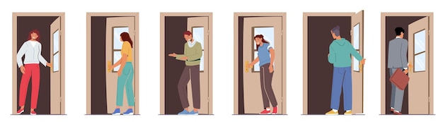 Personagens masculinos e femininos abrindo a porta, homens, mulheres, empresários entram na porta aberta isolada no fundo branco. Pessoas saindo de casa, entrada para apartamento ou escritório. Ilustração vetorial de desenho animado