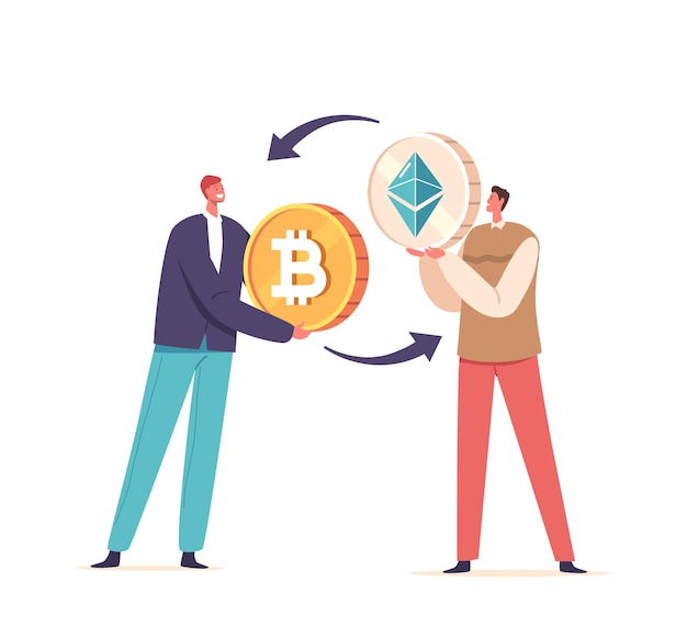 Personagens masculinos negociam Ethereum e Bitcoin entre si, trocando moedas digitais com segurança e eficiência