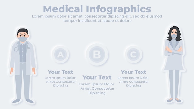 Personagens médicos masculinos e femininos modelo de apresentação neumórfica infográfico médico